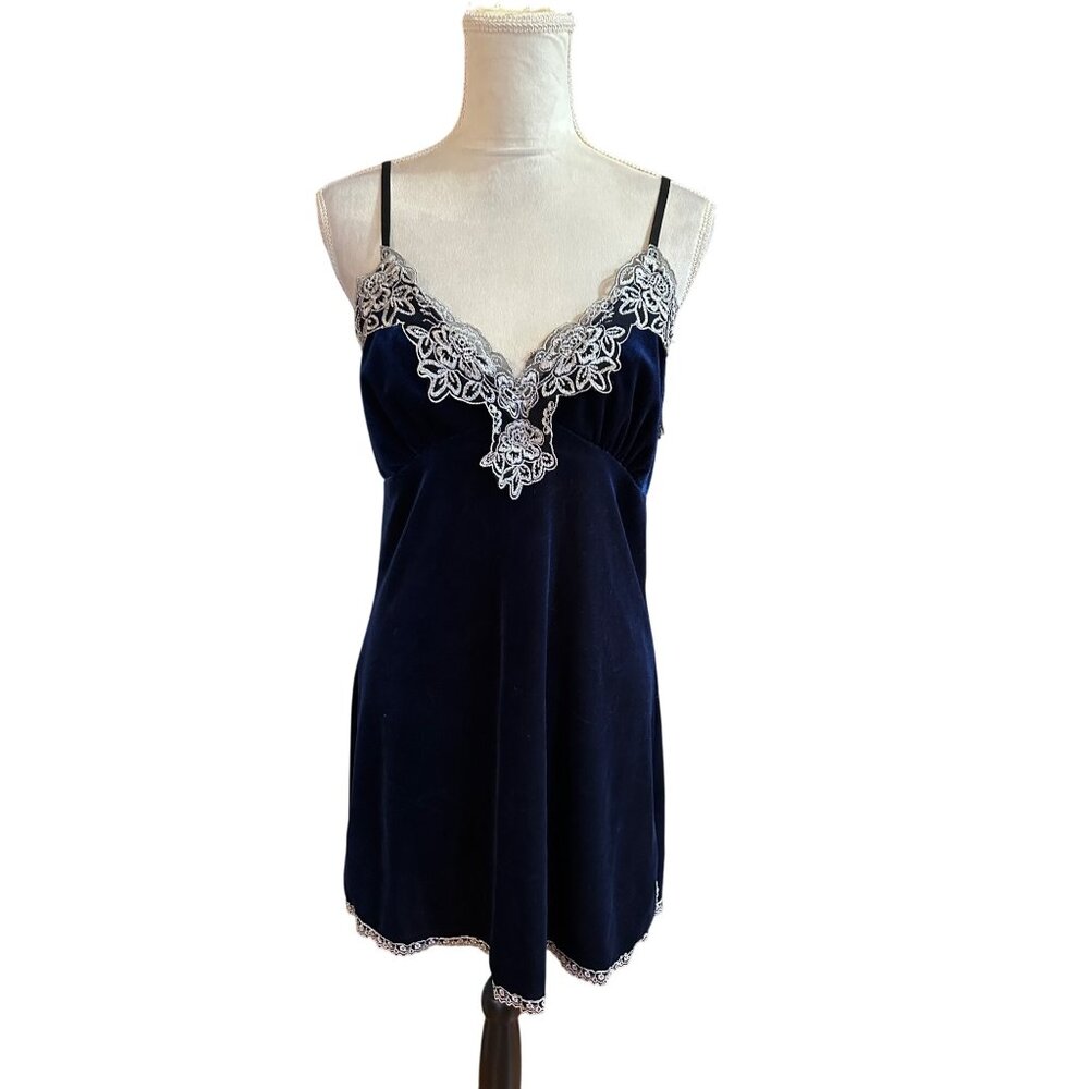Vintage Velvet Slip NightGown Lace Trim Adjustable Straps Side Slit Y2k Nightie